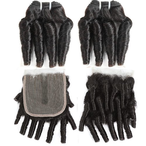 Molefi Brazilian Funmi Hair Bundles with 4x2 T Lace Closure Curly Weave 2 Bundles with closure Spiral Curl Hair 100% Human Hair Extensions 100g/pc Natural Black (10 10+10)