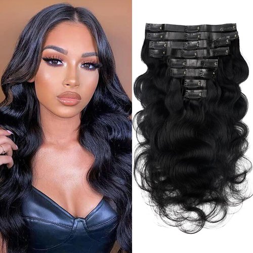 Liwihas Seamless PU Body Wave Clip in Hair Extensions Real Human Hair Invisible PU Skin 120g Body Wave Clip ins Hair Extensions for Women 100% Human Hair 8Pcs/Set with18Clips(18inch Natural Black)