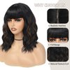 BEAUTIFA Black Mix Brown Wig with Bangs for Women 14 Inch Shoulder Length Short Bob Wavy Curly Wig Black Mix Brown Wig Heat Resistant Synthetic Wigs