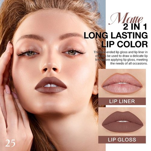 evpct 1Pcs Dark Brown Lip Stain Paint Matte Lip Liner and Lipstick Set Long Lasting Smudge Proof labiales matte mate larga duracion listip 24 hours a prueba de agua mate 24 horas originales,25#