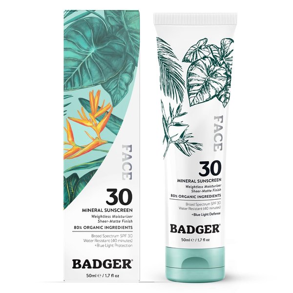 Badger Mineral Face Sunscreen with Zinc Oxide, Sunblock Face Lotion Moisturizer with SPF 30, Vegan, Unscented, Lightweight Mineral Sunscreen for Face, 1.7 fl oz