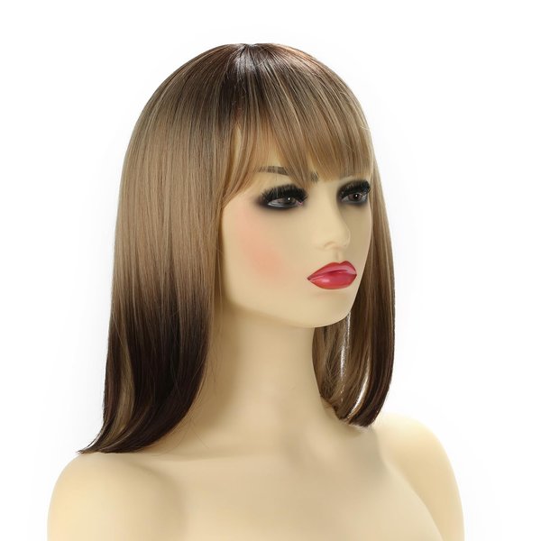 Michelle Young Ombre Brown Blonde Bob Wigs Short Wigs for Women Cosplay Wig with Bangs Dark Roots Natural Hair Synthetic Wig