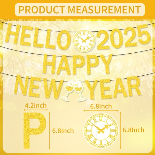 Gold Happy New Year Banner 2025 New Year Decorations Hello 2025 Banner for New Years Eve Party Supplies 2025, Pre-assembly