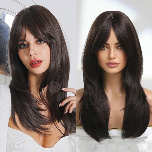 VKheroKV WL-09 Women's Long Length Wigs Layered Wig With Bangs Long Straight Hair Shoulder Length Wig Natural Synthetic Hair Heat Resistant Wigs (Brown)