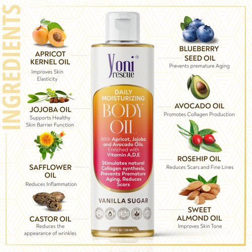 Yoni Rescue Daily Skin Moisturizing Body Oil with Apricot, Jojoba, Avocado Oils & Vitamin E Oil | Essential Oil for all Skins | Fast-Absorbing, Nourishes and Hydrates Skin | 8oz | Vanilla Sugar Scent
