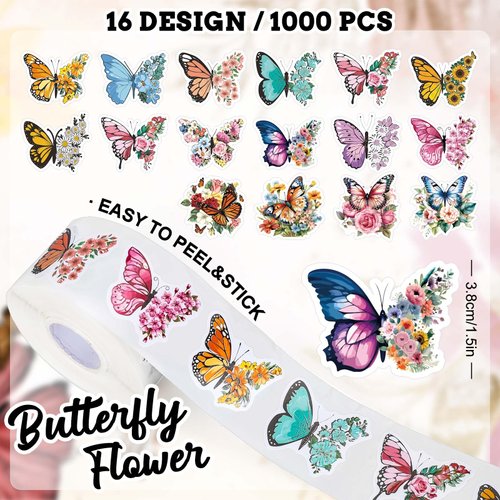 Whaline 1000Pcs Butterfly Flower Stickers Roll Spring Floral Colorful Paper Decals 16 Designs Watercolor Self-Adhesive Decorative Stickers for Envelope Scrapbook Daily Party Supplies
