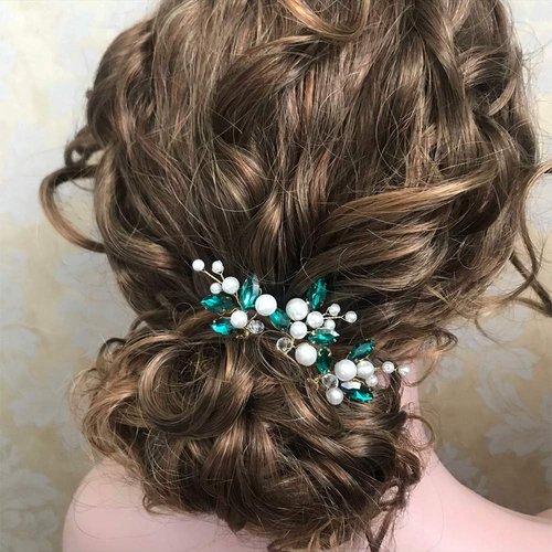 Aimimier Bridal Emerald Sapphire Hair Pins Set of 3 Crystal Pearl Hair Piece Prom Party Festival Wedding Hair Jewelry for Women and Girls (Gold/Emerald)