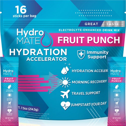 HydroMATE Electrolyte Powder Packets 2.5g Sugar - 16 Instant Fruit Punch Hydration Packets Vitamin B12 to Boost Energy - Electrolytes Powder to Support Hydration for Fast Party and Workout Recovery