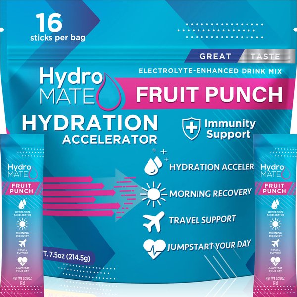 HydroMATE Electrolyte Powder Packets 2.5g Sugar - 16 Instant Fruit Punch Hydration Packets Vitamin B12 to Boost Energy - Electrolytes Powder to Support Hydration for Fast Party and Workout Recovery