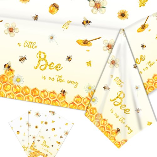 3Pcs Bee Tablecloth Bee Baby Shower Decorations - A Little Bee is On The Way Plastic Disposable Rectangle Bee Table Cover for Girls Boys Bee Party Decorations, Bee Themed Party Supplies (54'' x 108'')