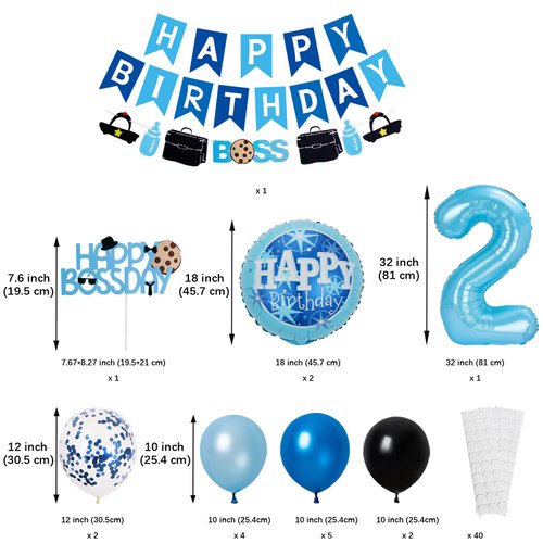 APINWIN Blue Black Boss 2nd Birthday Party Decorations for Boy, Boss Theme Baby 2 Years Old Birthday Decorations, Boss Cake Topper, Boss Boy Two Years Old Birthday Party Favor Balloons