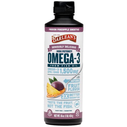 Barlean&#39;s Passion Pineapple High Potency Omega 3 Fish Oil Liquid Supplement, 1500mg EPA &amp; DHA Fat...