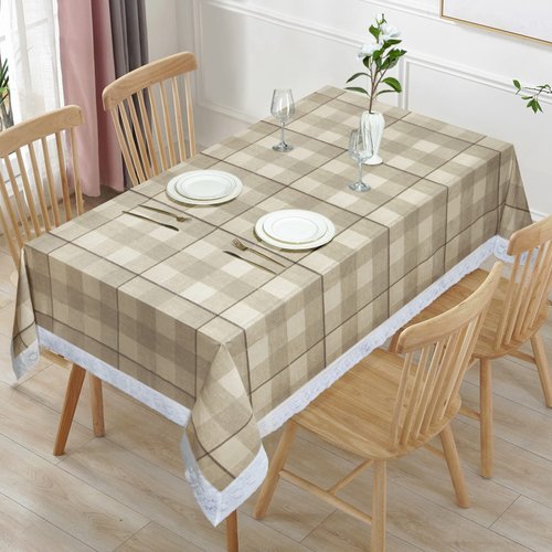 JUCFHY 100% Waterproof Rectangle Vinyl Tablecloth,Flannel Backed PVC Table Cloth Oil Proof Spill Proof Wipe Clean Durable Table Cloths for Indoor and Outdoor Use(Khaki Check,60X120IN)