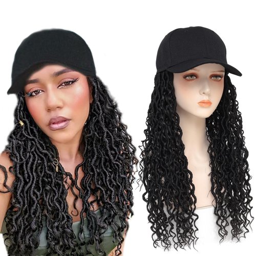 Yunkang Goddess Faux Locs Wig Hat With Curly Locs For Black Women Synthetic Bohemia Locs Twist Crochet Curls Braids with Cap Hippie dreadlock Wig Baseball Cap Braided Wigs (18inch, 1B)