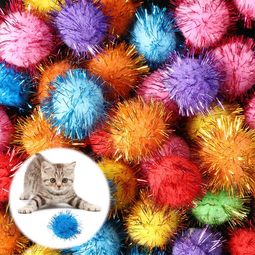 Lusofie 50 Pcs Pom Pom Cat Toy Balls - 1.2 Inch Color Flash Cat Toys for Indoor Cats, Fun and Interactive Pom Poms for Crafting and Play