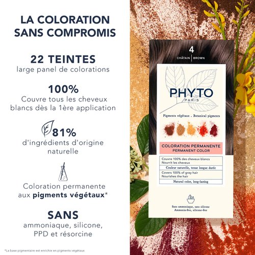 PHYTO Phytocolor Permanent Hair Color, 4 Brown, with Botanical Pigments, 100% Grey Hair Coverage, Ammonia-free, PPD-free, Resorcin-free, 0.42 oz.
