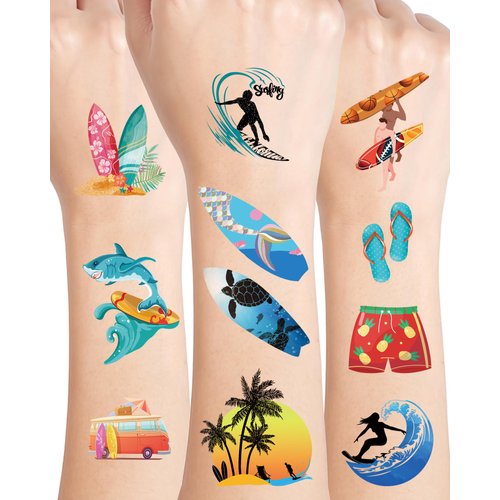 YanZonic 171Pcs Surf Surfboard Temporary Tattoos Stickers, Surf Party Favors for Surf Party Decorations, Surfboard Party Favors for Surfs Up Party Decorations, 18 Sheets