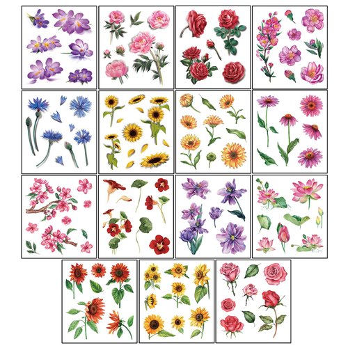 15 Sheets 3D Flower Temporary Tattoos For Women Girls, Realistic Fake Tattoos Waterproof Tattoo Stickers Watercolor Sunflowers Rose Leaf Floral Face Body Art Tattoo Stickers