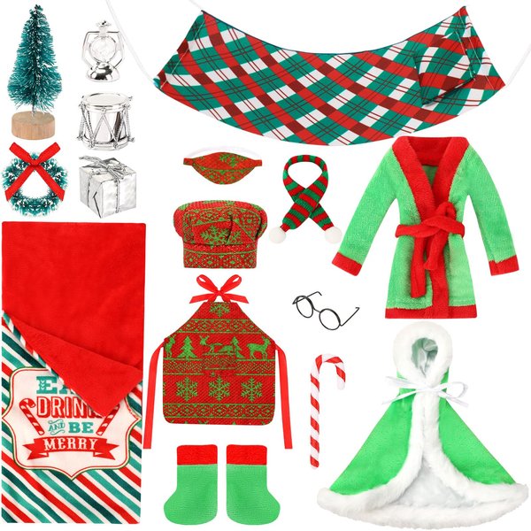 UPINS 16 Pcs Christmas Elf Doll Accessories Set with Christmas Sleeping Bag Bathrobe Hooded Cloak Apron and Chef Hat Glasses Scarf Hammock Xmas Accessory for Doll Decorations