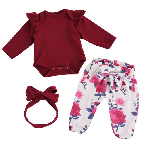 BABESIDE 3 Pcs Reborn Baby Doll Clothes for 17-22 Inch Baby Dolls, Baby Doll Accessories with Floral Pattern fit Newborn Baby Doll Girl, Red