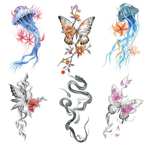 Oottati 6 Sheets Arm Waterproof Temporary Tattoos Colorful Jellyfish Butterfly Snake Flower