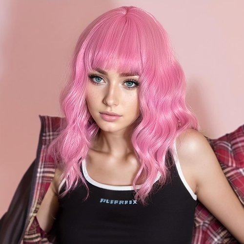 forfeels Short Pink Wavy Wig with Bangs, Pink Bob Wigs for Women 14 Inch Shoulder Length Curly Synthetic Wig for Women, Colorful Cosplay Wigs Heat Resistant Bob Wig for Daily Party Use
