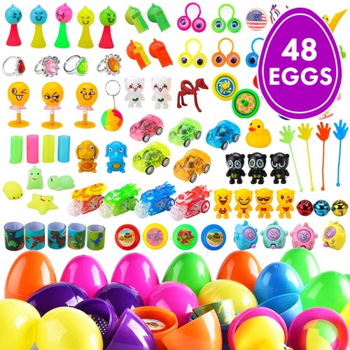 BLUE RIBBON Easter Eggs, 48 Pieces, Filled Surprise, Colorful Prefilled with Different Kinds of Little Toys, Perfect for Kids, Basket Fillers