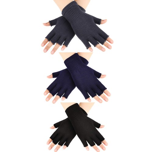 SATINIOR 3 Pairs Women Fingerless Gloves Winter Half Finger Knit Gloves for Women Men (Black, Dark Gray, Navy Blue)