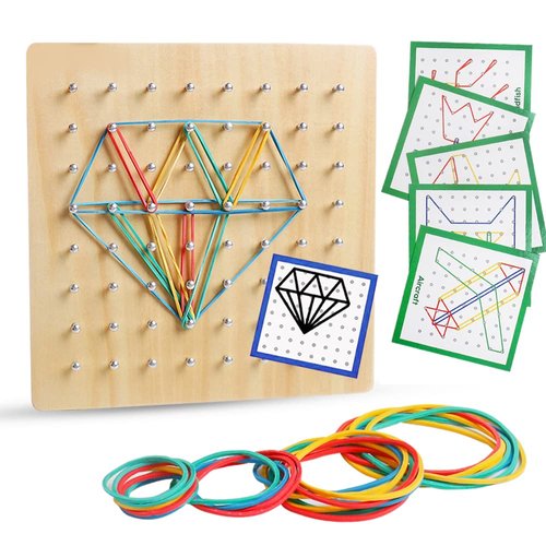 Wooden Geoboard with Rubber Bands Graphical Math Pattern Blocks Geo Board - Montessori Educational Toy for Kids with Pattern Cards and Rubber Bands Create Figures Shape STEM Puzzle Matrix Brain Teaser