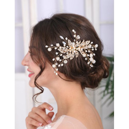 Teyglen Gold Leaf Wedding Hair Comb Pearl Bride Wedding Hair Comb Bridal Rhinestone Hair Piece Flower Hair Accessories Dainty Headpiece for Women Girls