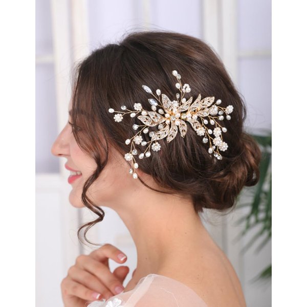 Teyglen Gold Leaf Wedding Hair Comb Pearl Bride Wedding Hair Comb Bridal Rhinestone Hair Piece Flower Hair Accessories Dainty Headpiece for Women Girls