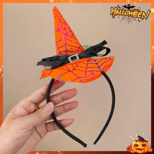 Ecuupas Orange Witch Hat Headband Spider Web Hairband Halloween Party Birthday Hair Decoration for Women Girls Kids Lace Bow Cap Hair Hoop Headdress Head Accessories Head Wear Gifts