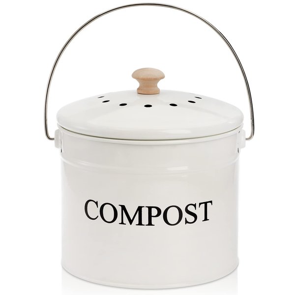 AVLA Compost Bin Kitchen Countertop, 1 Gallon Composter Pail, Food Waste Composting Bucket, Odorless Trash Keeper Container, White Scraps Caddy with Charcoal Filter, Carrying Handle, Lid