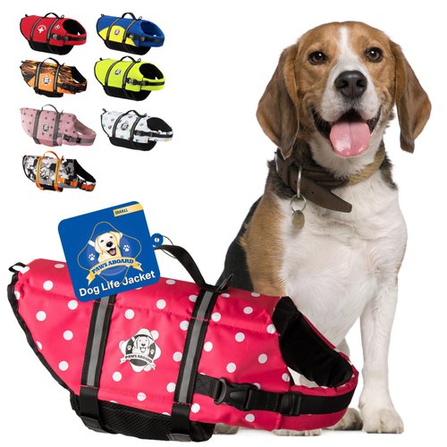 Paws Aboard Dog Life Jacket - Keep Your Canine Safe with a Nylon Life Vest - Designer Life Jackets - Perfect for Swimming and Boating - Pink & White Polka Dot, Small