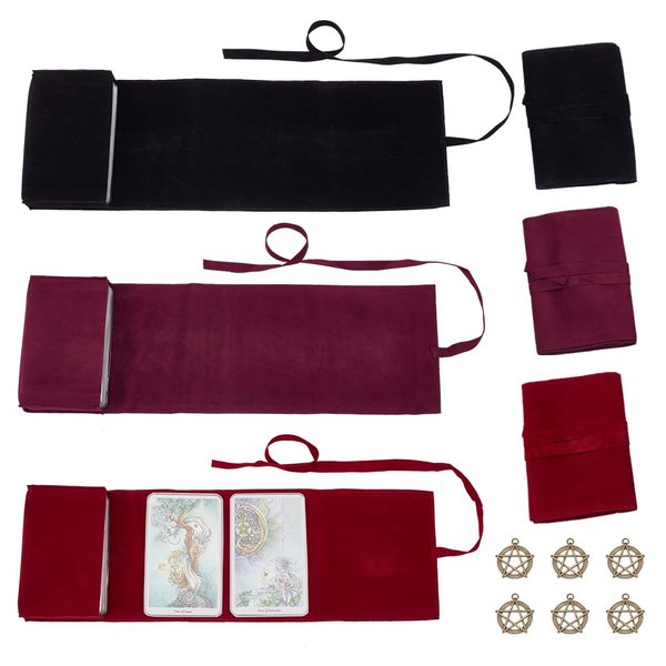 NBEADS 6 Pcs 3 Colors Velvet Tarot Bags with 6 Pcs Tibetan Style Alloy Pendants, Tarot Rune Dice Wrap Pouch Tarot Card Storage Cloth Holder Jewelry Pouch for Tarot Oracle Decks