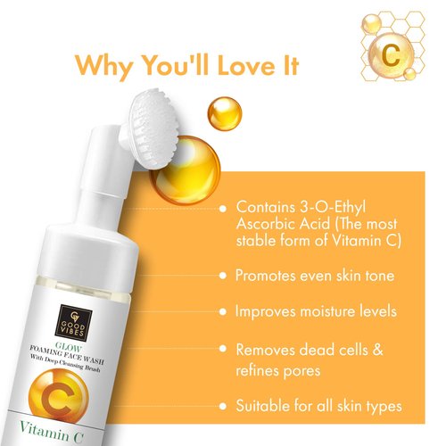 Good Vibes Vitamin C Glow Foaming Face Wash With Deep Cleansing Brush, 150 ml Non-Drying Face Cleanser For Clear Skin | No Parabens, No Sulphates, No Animal Testing