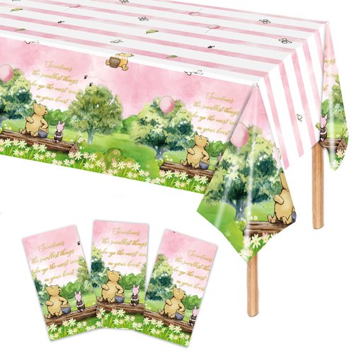 AURORAPARTY 3pcs Girl Winnie Party Tablecloth Bear Baby Shower Table Cover Pink Sky Plastic Disposable Rectangle Tablecloth Oh Baby Party Supplies for Girls, 54 x 108 Inches