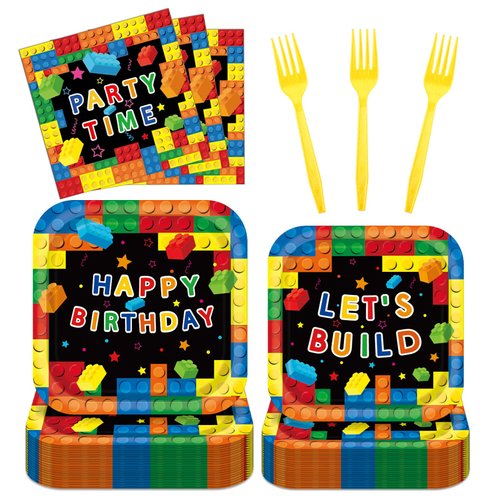 gisgfim 96Pcs Building Block Birthday Party Supplies Colorful Blocks Tableware Sets Square Paper Plates Napkins Forks Building Block Dinnerware Set for Birthday Baby Shower Party Decorations 24 Guests
