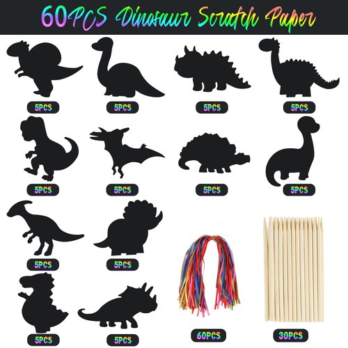 MEIVINES 60PCS 12Style Magic Color Scratch DIY Dinosaur Paper Scratch Craft Kits Rainbow Scratch Paper Art Sets with Scratching Tools Ribbon for Party Favors Activities