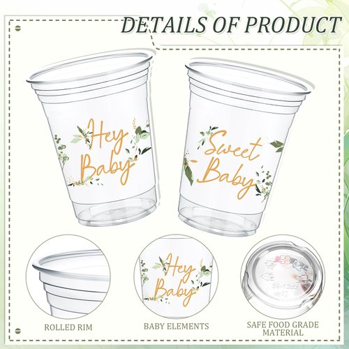 Fuyoooo 48 Pcs Eucalyptus Baby Shower Cups 16 Oz Baby Shower Plastic Cups Thick Clear Cup Sage Green Baby Shower Party Supplies for Baby Shower Birthday Party Favors Gender Reveal Decorations