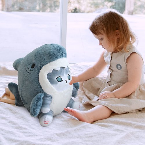 eoxoe Kawaii Shark Cat Plush Toy Stuffed Animal Doll, Cute Soft Pillow Stress Release Hugs Toys Christmas Halloween Birthday Gifts for Kids Boys Girl Best Gift (Blue - Grey,15 inch)