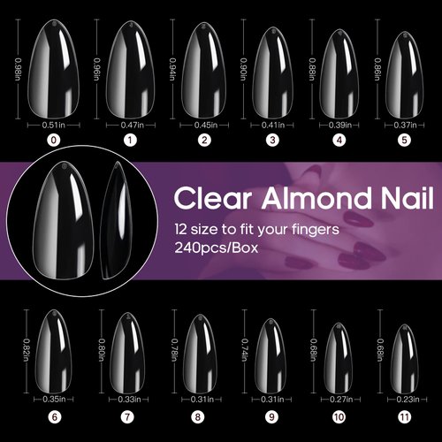 Almond Nail Tips Funfe 240PCS Clear Nail Tips Soft Gel Nail Tips Full Cover Nail Short Almond Nail 12 Sizes Artificial Pre-shape Stiletto False Nail Oval Design Press On Nails for Home DIY Nail Salon