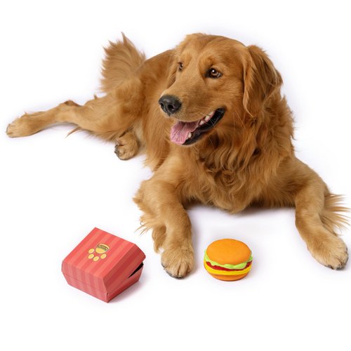 HamBarker Dog Toy - Hamburger Themed Design, Extremely Durable, Squeaky, Perfect Chew and Fetch Toy, Unique Burger Packaging
