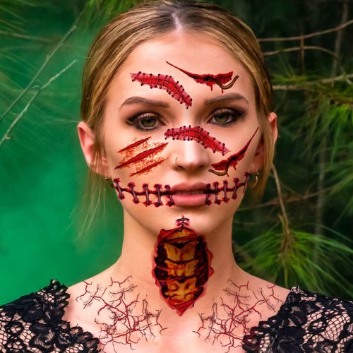 Halloween Temporary Tattoos Horror Realistic Bloody Wound Stitch Scar Tattoo Stickers Fake Decals for Halloween Party Decorations 8sheets