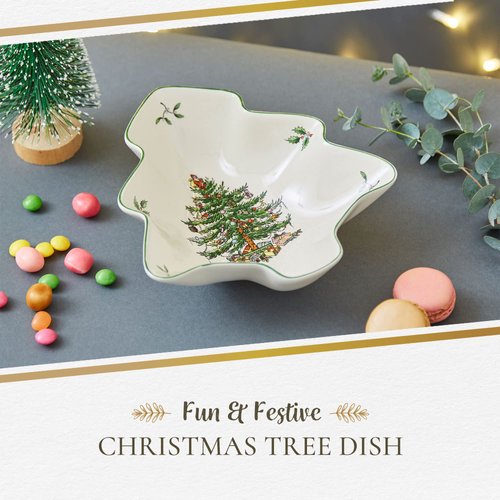 Spode Christmas Tree Serving Dish | 9 Inch Christmas Tree Shaped Serving Bowl for Candy, Nuts, Chocolate and Holiday Goodies | Made of Fine Earthenware | Christmas Home Décor | Dishwasher Safe