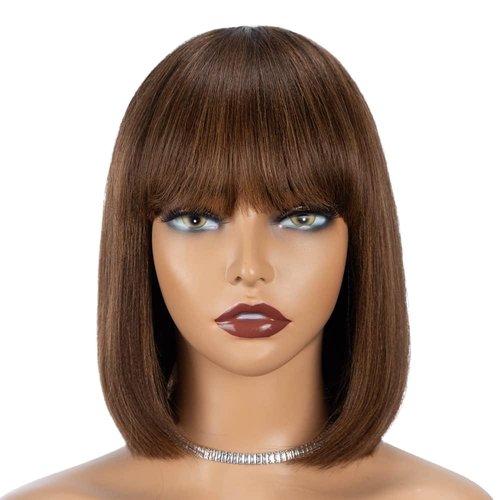 Rebecca Fashion Highlight Brown Bob Wig with Bangs Human Hair 10" Light Yaki Straight Short Bob Human Hair Wigs for Black Women Wear and Go Glueless Wig for Daily Wear P4/30