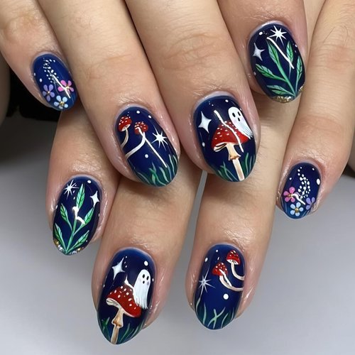 Jremg Halloween Press on Nails Short Almond Fake Nails Cute Ghost Mushroom Design Glue on Nails Colorful Leaves Spooky Full Cover False Nails Reusable Halloween Stick on Nails for Women Manicure 24Pcs