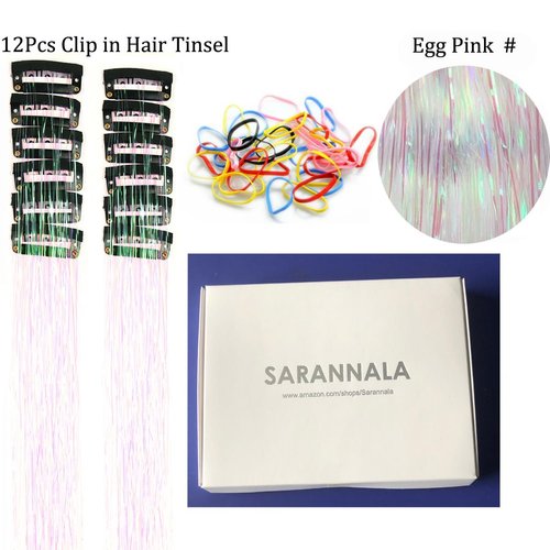 Clip in Hair Tinsel Pack of 12 Pcs 24 Inch Glitter Egg Pink Heat Resistant Sparkle Fairy Hair Extensions Accessories for Kids Girls & Women(24Inch 12Pcs,Egg pink)