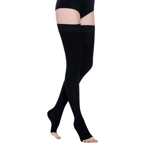 PPXGOGO Thigh High Compression Socks, Firm Support 20-30 mmHg Gradient Compression Stockings with Silicone Band. Treatment for Running, Edema, Varicose Veins, Pregnancy, Nursing.(Black-open,XXL)