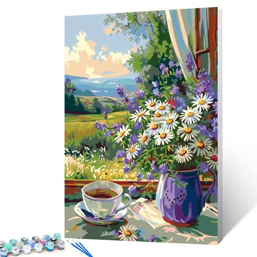 White Daisies,Wildflowers Paint by Numbers for Adults Tropical Flowers DIY Digital Oil Painting Acrylic Paint Window Mountain Forest Wall Art Bedroom Decor 20x16 Inch Floral Gift（Frameless